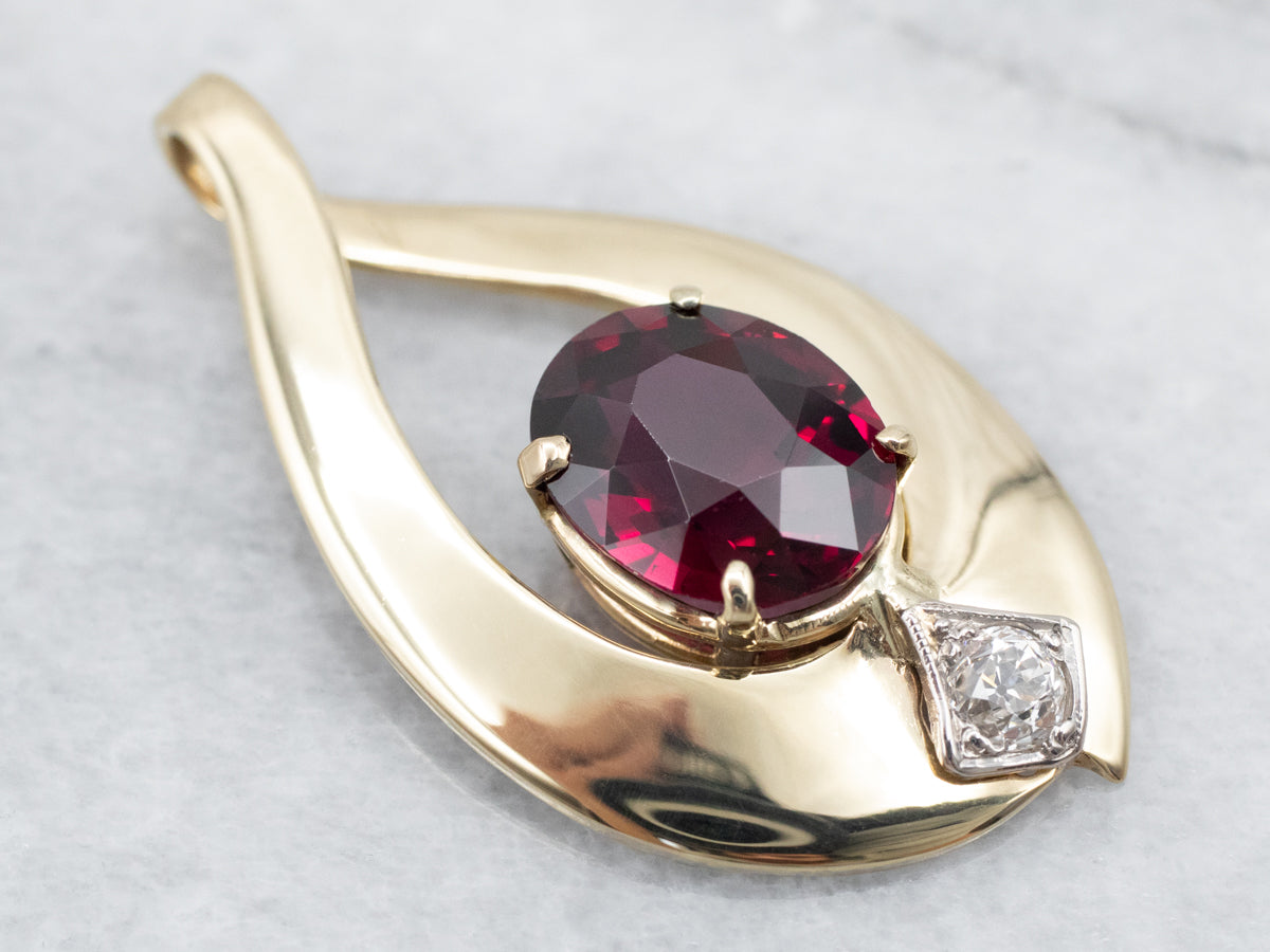 Modernist Gold Pyrope Garnet and Diamond Pendant