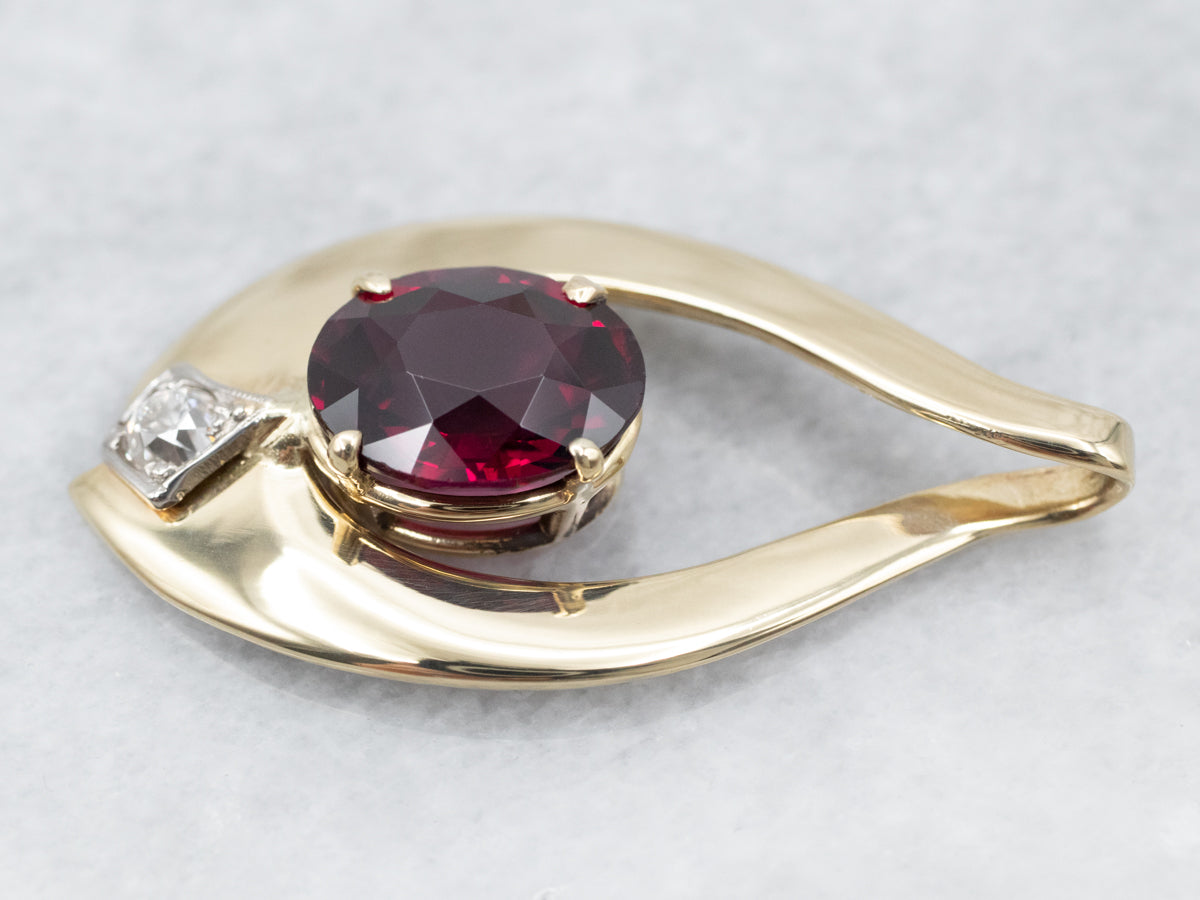 Modernist Gold Pyrope Garnet and Diamond Pendant