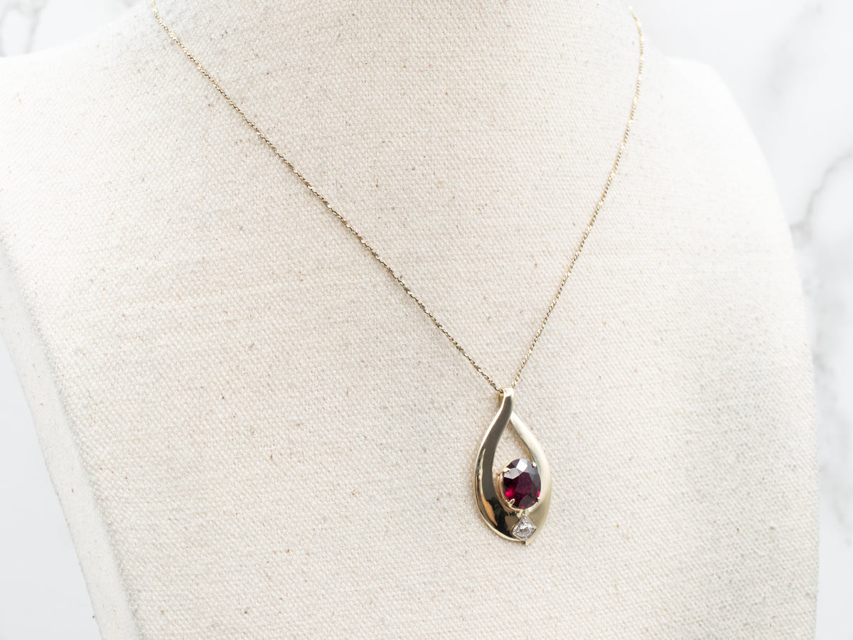 Modernist Gold Pyrope Garnet and Diamond Pendant