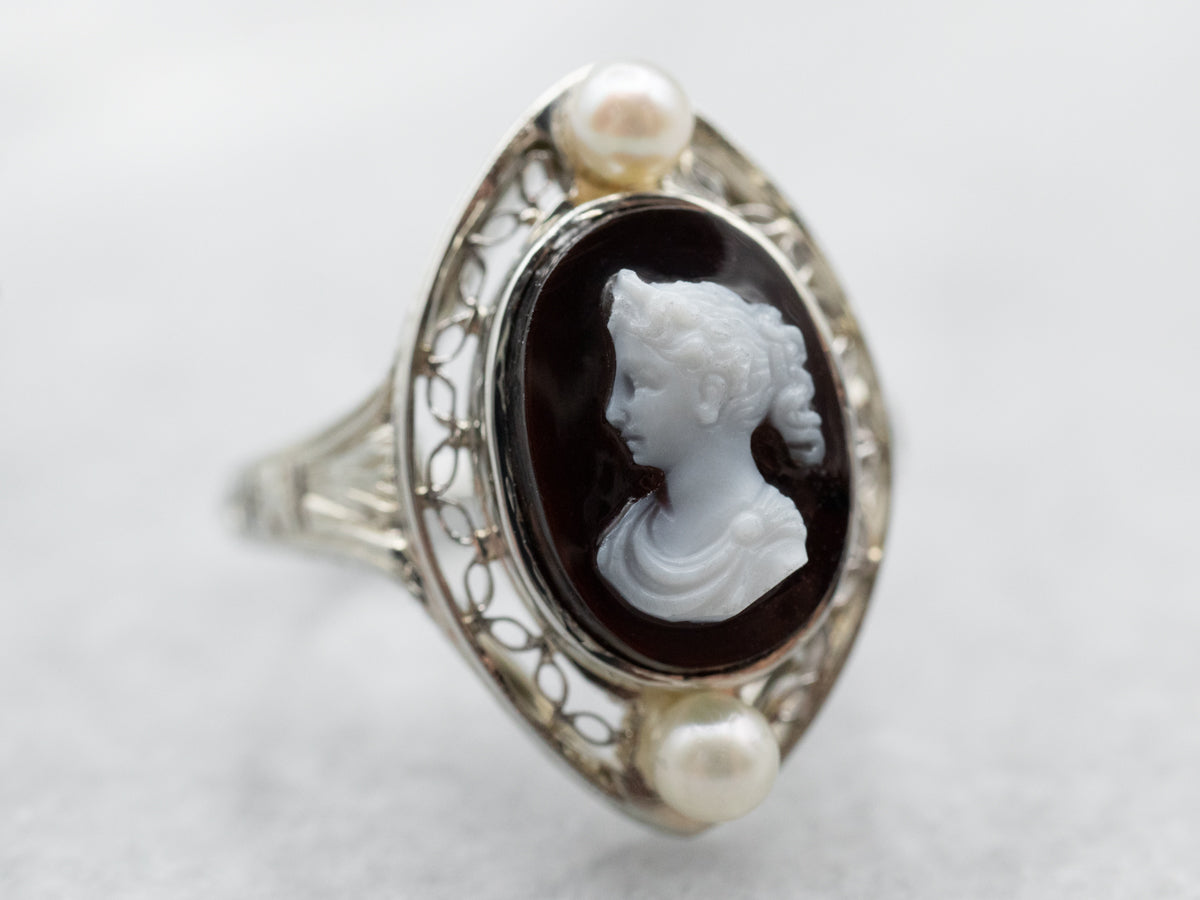 Art Deco Onyx Cameo and Pearl Filigree Ring