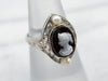 Art Deco Onyx Cameo and Pearl Filigree Ring