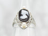 Art Deco Onyx Cameo and Pearl Filigree Ring
