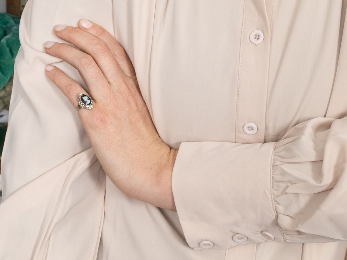 Art Deco Onyx Cameo and Pearl Filigree Ring