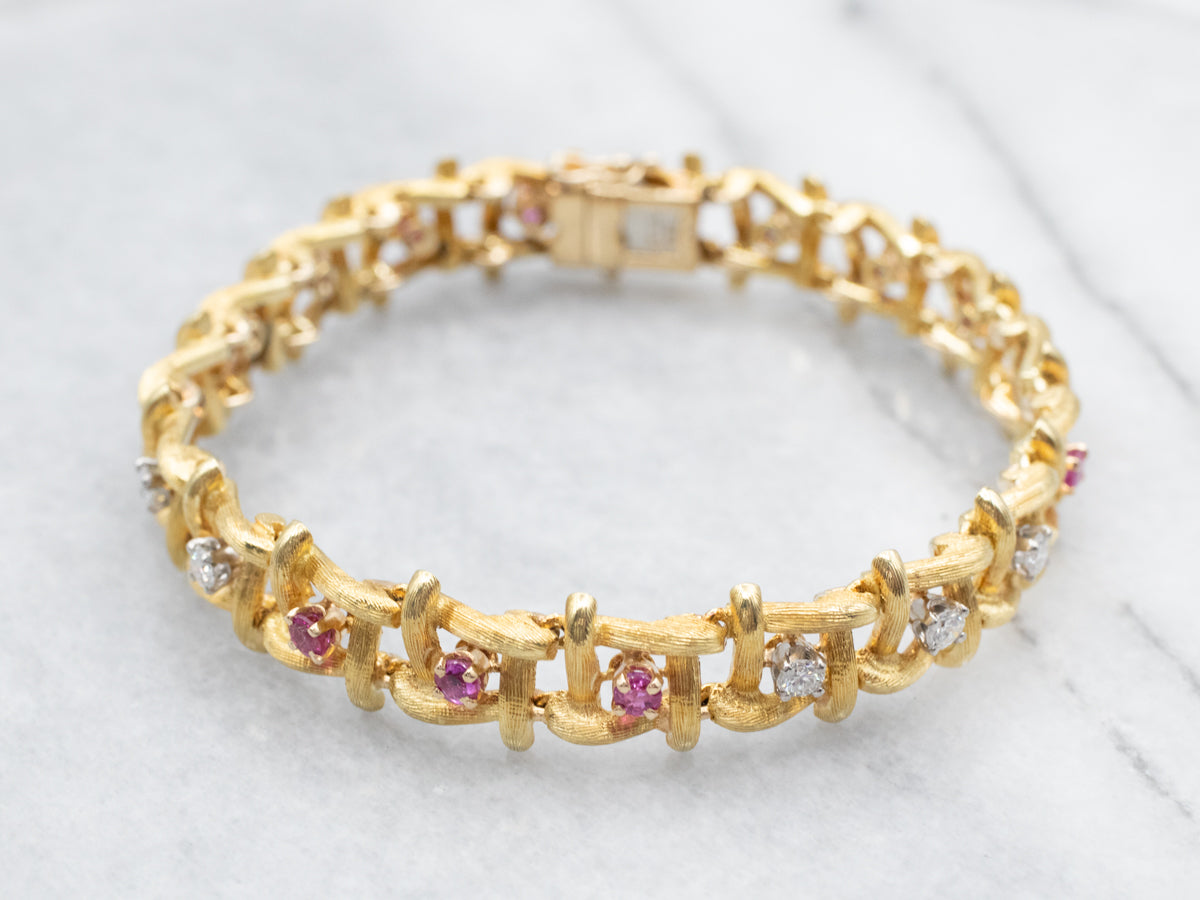 Textured Gold Ruby and Diamond Link Bracelet