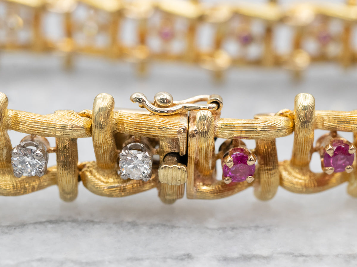 Textured Gold Ruby and Diamond Link Bracelet