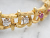 Textured Gold Ruby and Diamond Link Bracelet