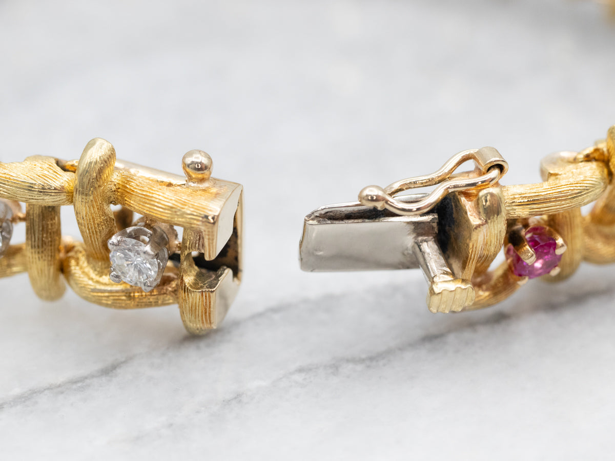 Textured Gold Ruby and Diamond Link Bracelet