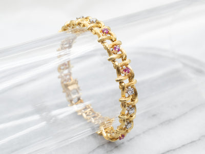 Textured Gold Ruby and Diamond Link Bracelet