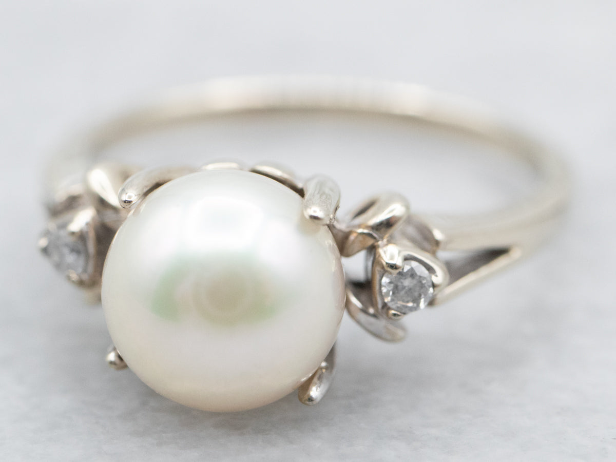 Simple and Classic White Gold Diamond and Pearl Ring