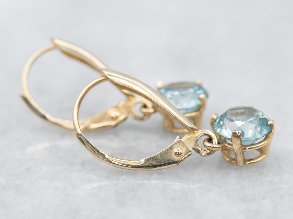 Yellow Gold Blue Zircon Drop Earrings