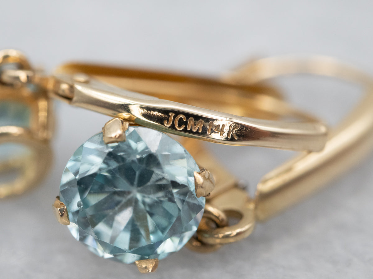 Yellow Gold Blue Zircon Drop Earrings