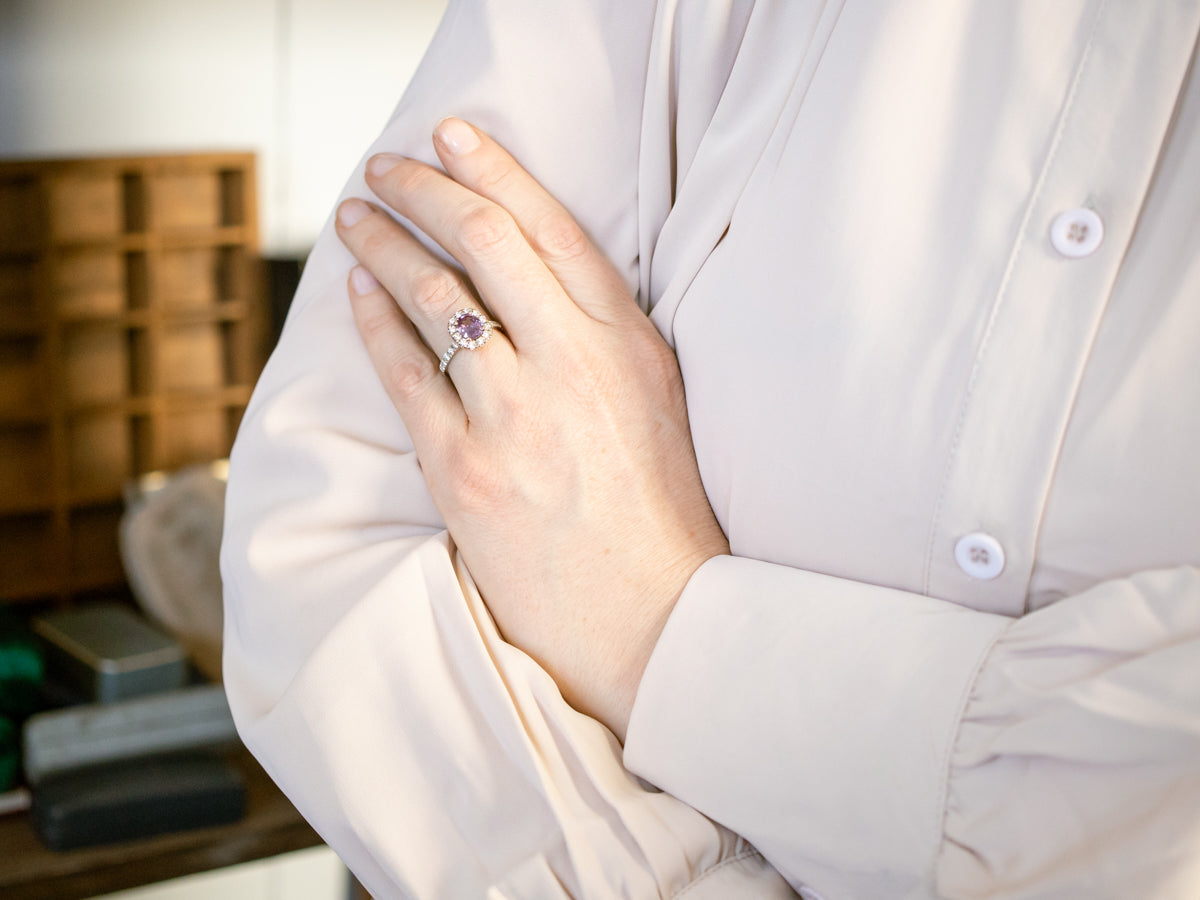Lovely Purple Sapphire and Diamond Halo Ring