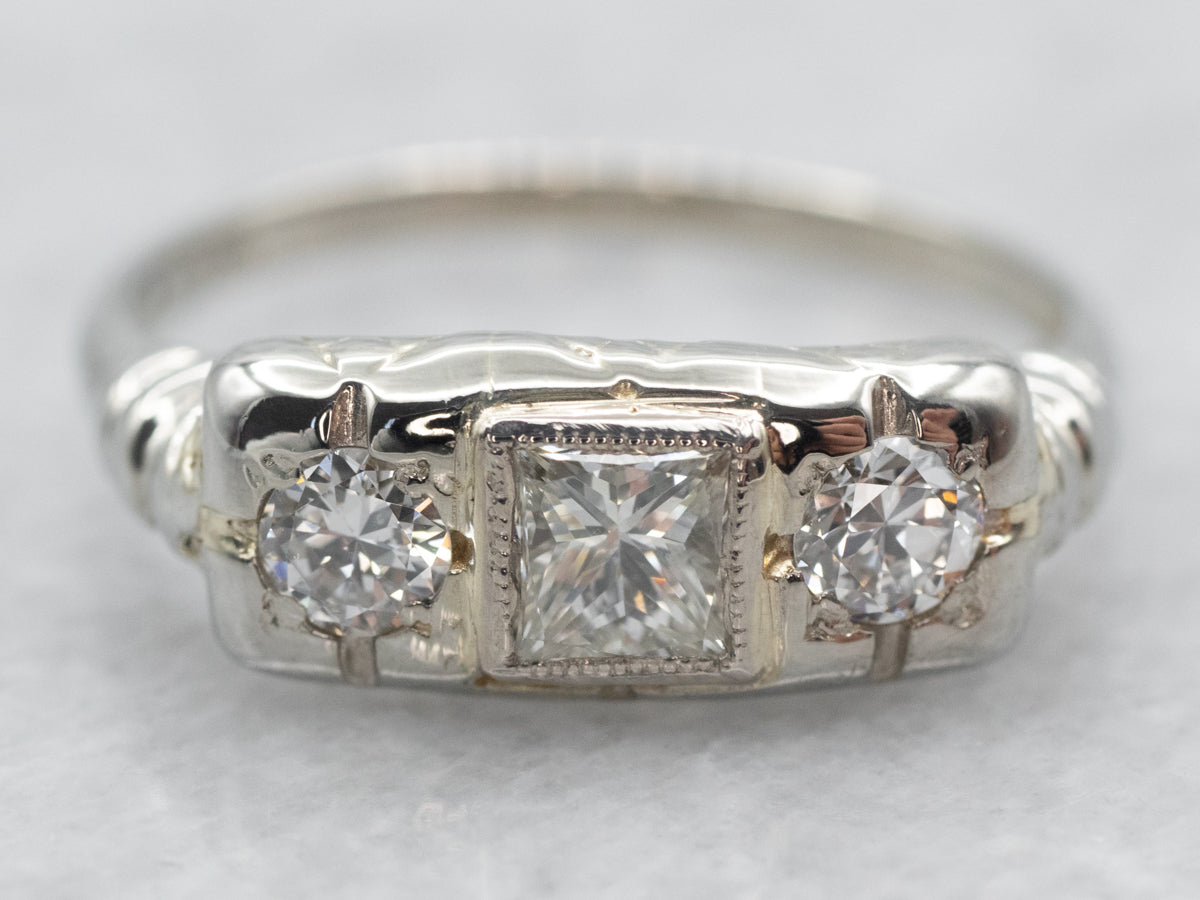Vintage Princess and European Cut Diamond Three Stone Ring