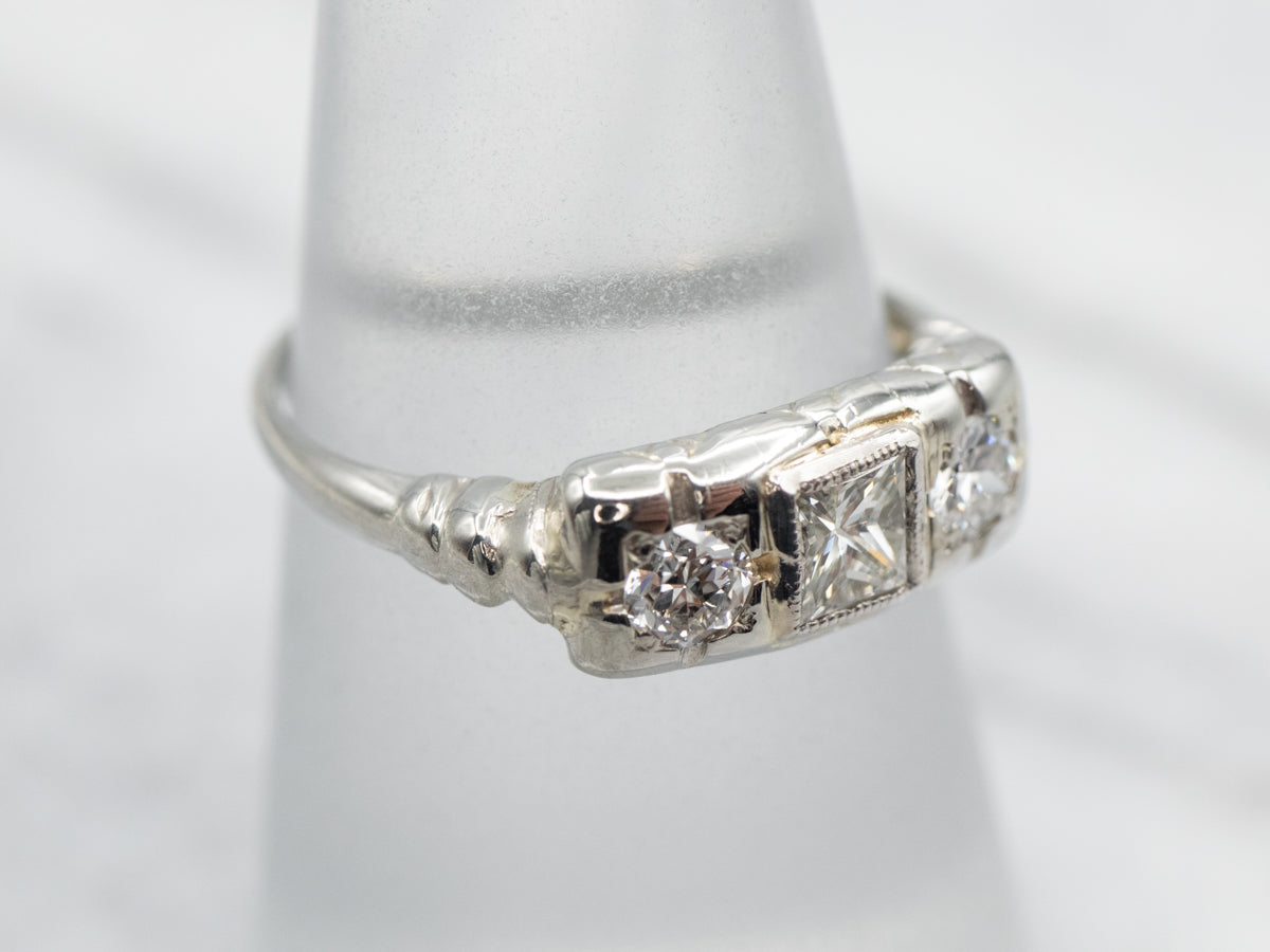 Vintage Princess and European Cut Diamond Three Stone Ring