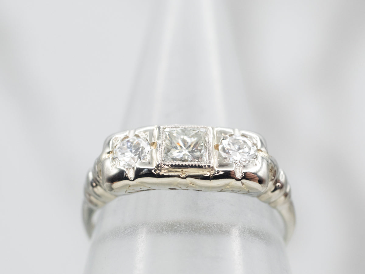 Vintage Princess and European Cut Diamond Three Stone Ring