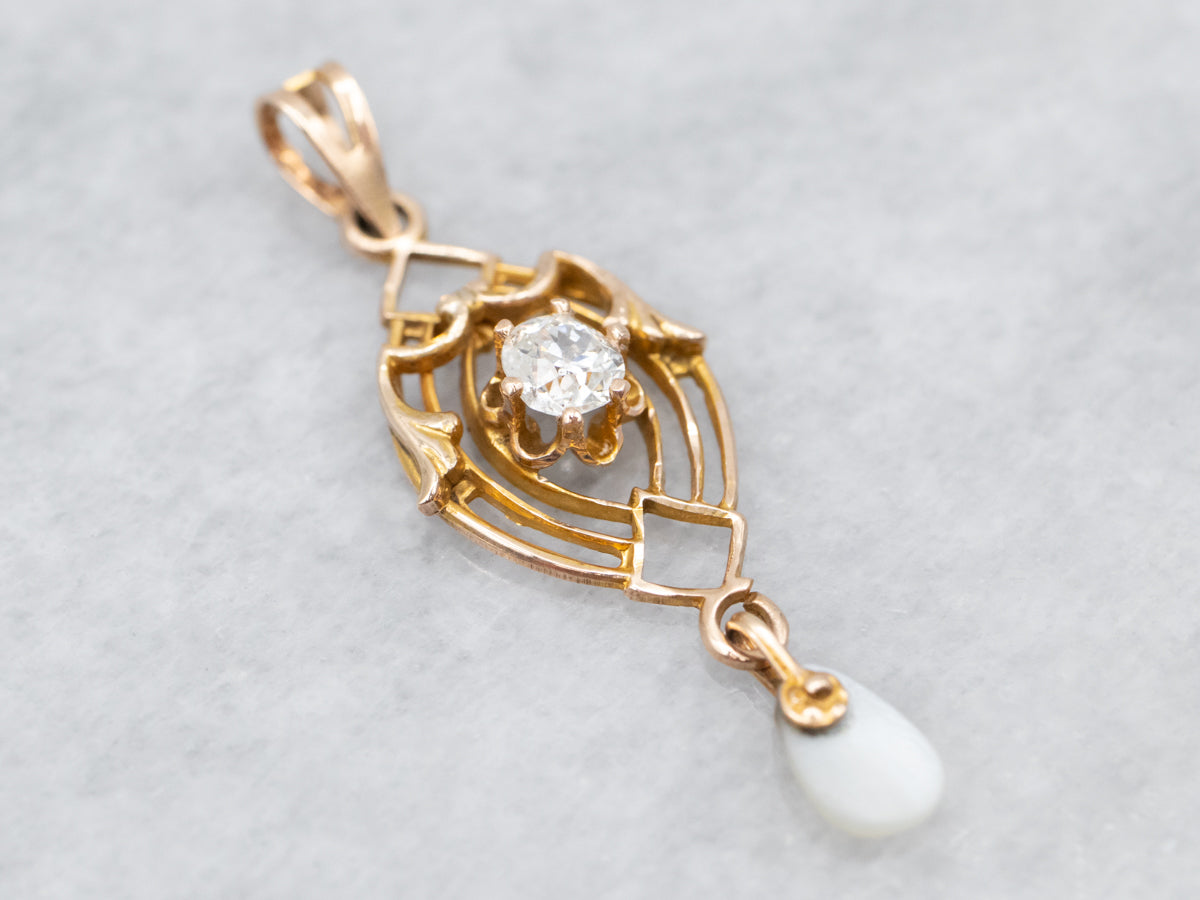 Antique Old Mine Cut Diamond and Pearl Lavalier Pendant
