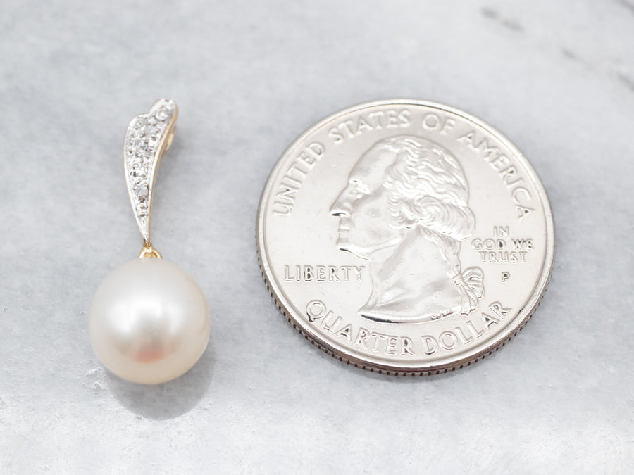 Modern Gold Pearl and Diamond Pendant