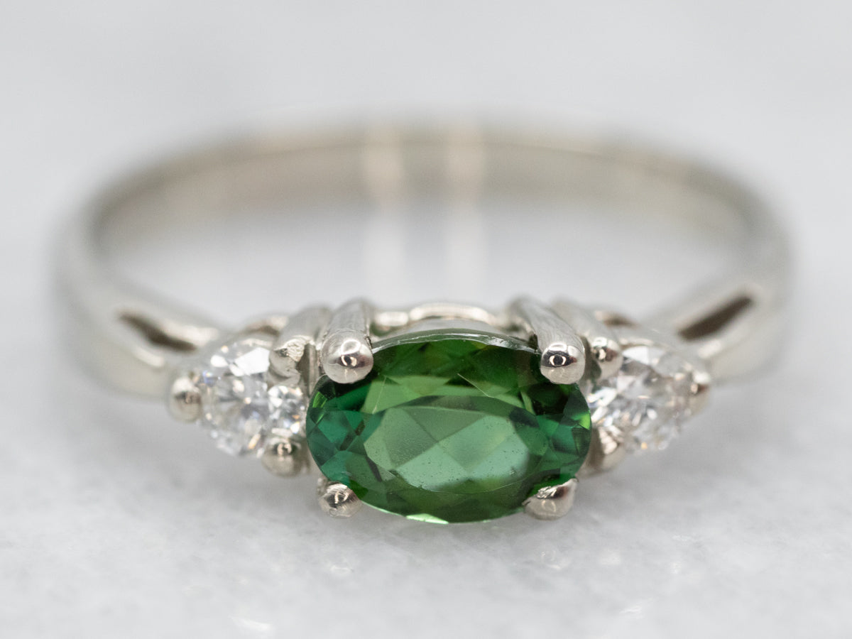 Vintage diamond engagement ring with large verdelite (green tourmaline) -  Gallerease