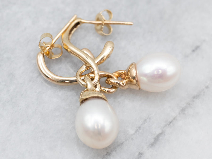 Twisting Gold Pearl Drop Earrings
