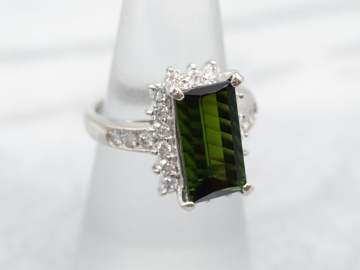 Platinum Green Tourmaline and Diamond Halo Ring