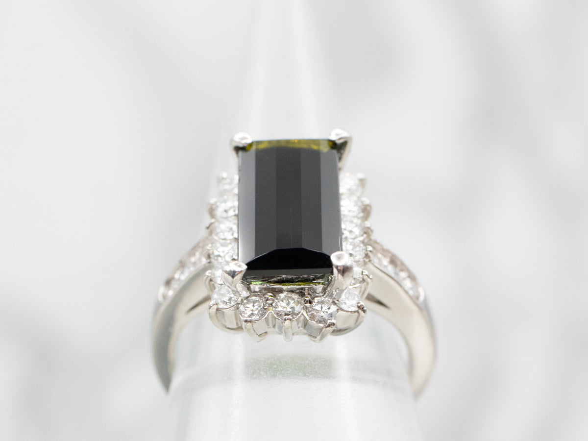 Platinum Green Tourmaline and Diamond Halo Ring
