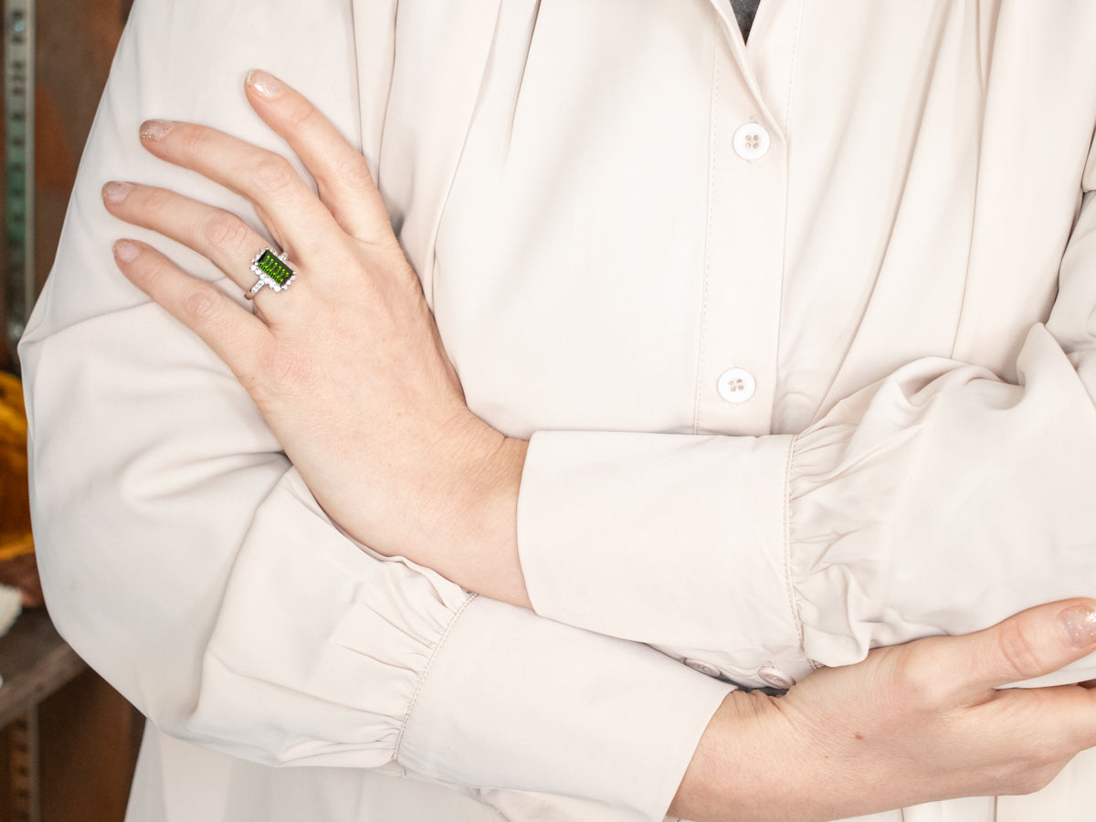 Platinum Green Tourmaline and Diamond Halo Ring