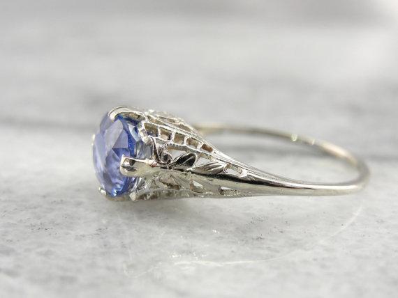 Interesting Cat's Eye Sapphire Ring in White Gold Art Nouveau Setting