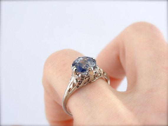 Interesting Cat's Eye Sapphire Ring in White Gold Art Nouveau Setting