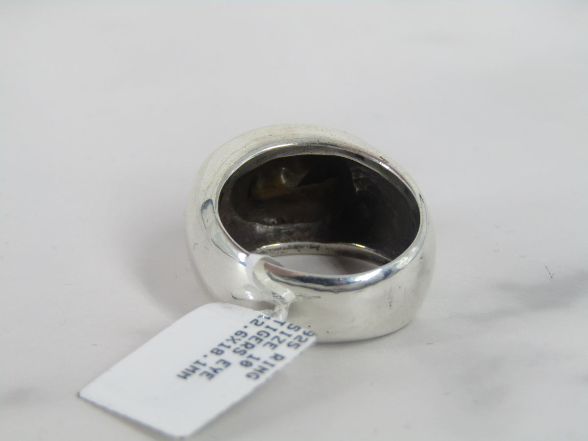 Wide Silver Band Ring With Tiger's Eye Center