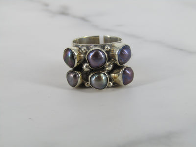 Silver Band Ring With Six Dyed Freshwater Pearls