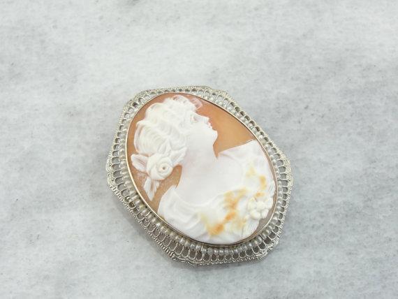 14K White Gold and Fine Shell Cameo, Antique Pin