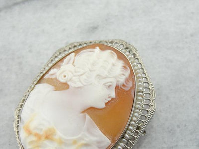 14K White Gold and Fine Shell Cameo, Antique Pin