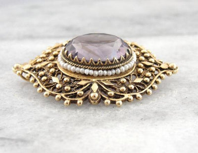Amethyst in Seed Pearl and Filigree Frame, Pin or Pendant