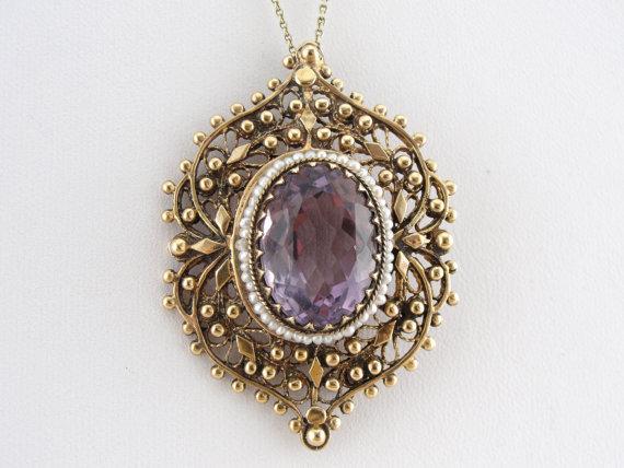 Amethyst in Seed Pearl and Filigree Frame, Pin or Pendant