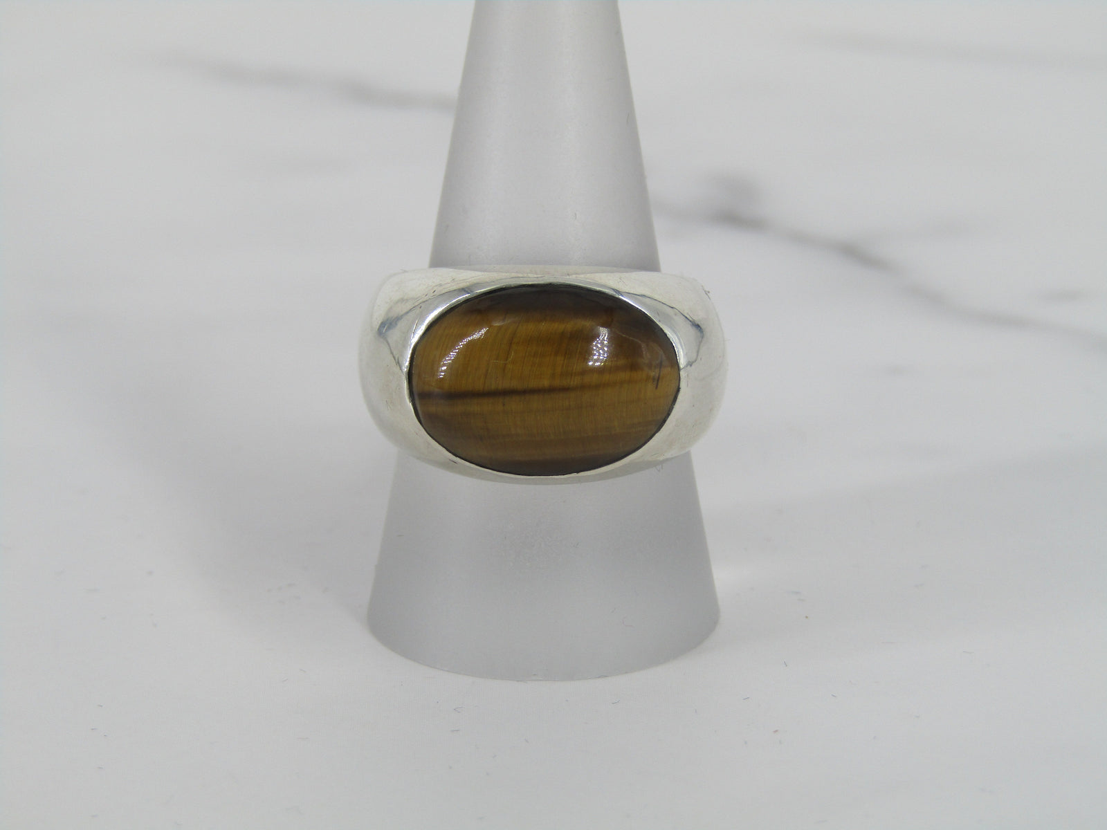 Wide Silver Band Ring With Tiger's Eye Center