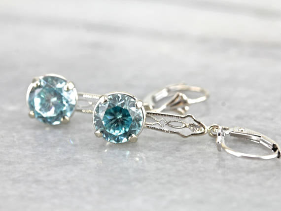 Art Deco Blue Zircon Filigree White Gold Drop Earrings