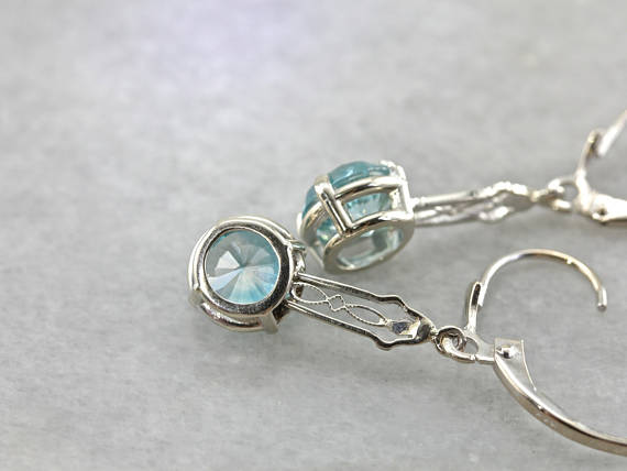 Art Deco Blue Zircon Filigree White Gold Drop Earrings