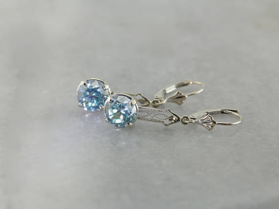 Art Deco Blue Zircon Filigree White Gold Drop Earrings