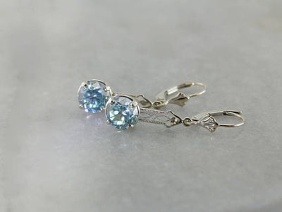 Art Deco Blue Zircon Filigree White Gold Drop Earrings
