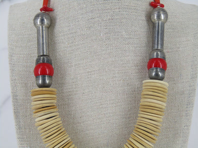 Wood Disc Bead And Coral Necklace