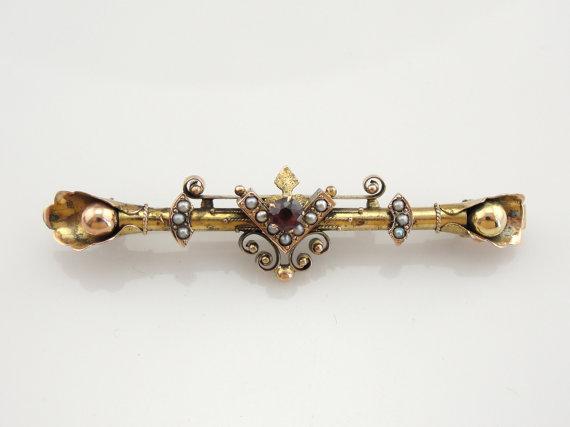 Gothic Victorian Garnet and Pearl Gold Bar Pin Brooch