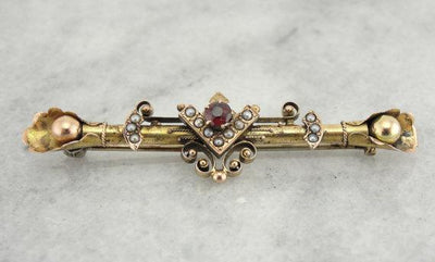 Gothic Victorian Garnet and Pearl Gold Bar Pin Brooch