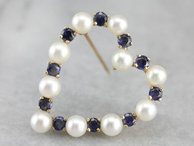 Pearl Sapphire Gold Heart Brooch