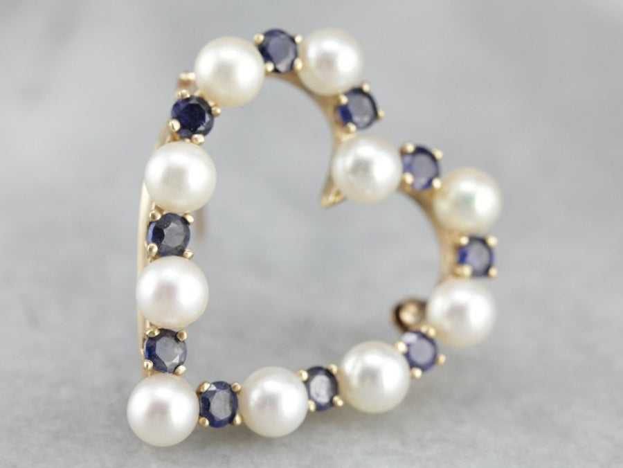 Pearl Sapphire Gold Heart Brooch