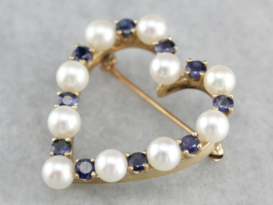 Pearl Sapphire Gold Heart Brooch