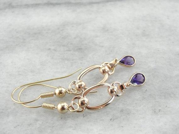 Amethyst Teardrops and Golden Links, Handcrafted Earrings