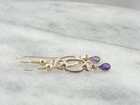 Amethyst Teardrops and Golden Links, Handcrafted Earrings