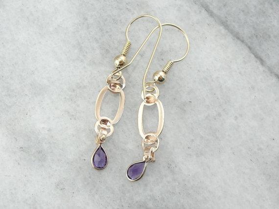 Amethyst Teardrops and Golden Links, Handcrafted Earrings