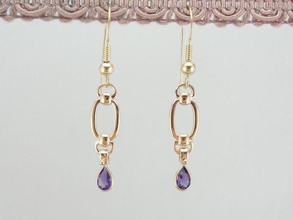 Amethyst Teardrops and Golden Links, Handcrafted Earrings
