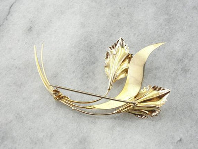 Sweeping Double Floral Yellow Gold Brooch